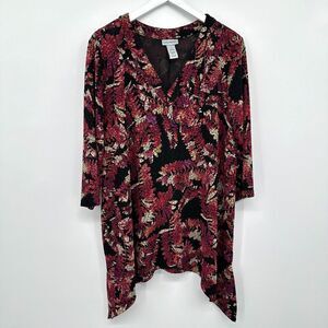 Catherines Tunic Top‎ Shirt Size 1X Stretch Knit 3/4 Sleeve Red Floral Blouse
